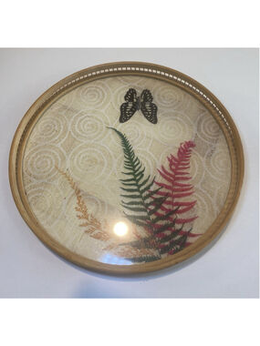 Vintage MCM Bamboo Butterfly Fern Round Serving Tray Wall Decor 11” Boho